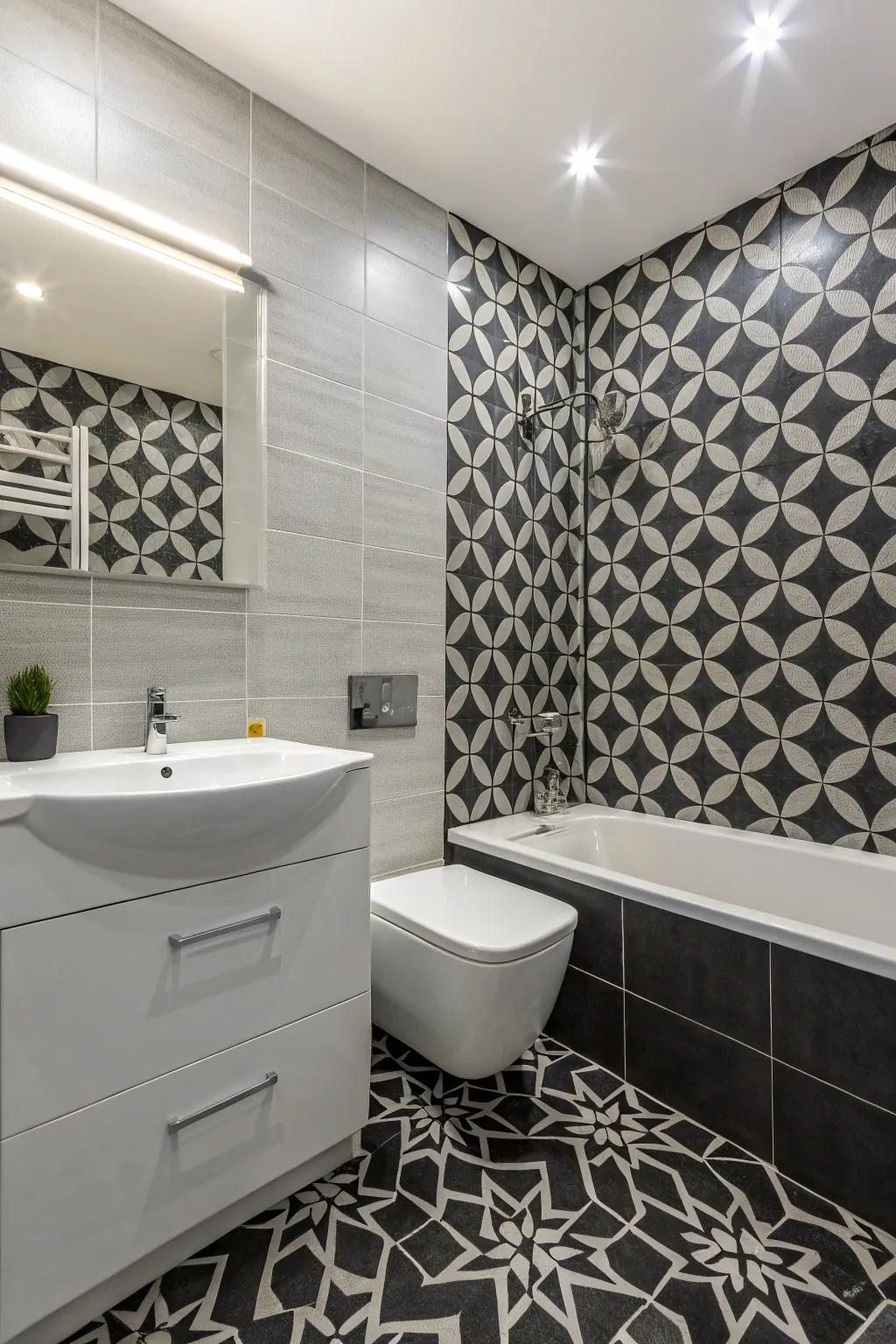 A bathroom with geometric patterns adding a modern and artistic flair.