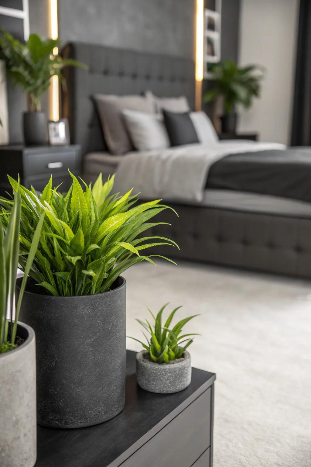 A black and grey bedroom with vibrant greenery in modern planters.