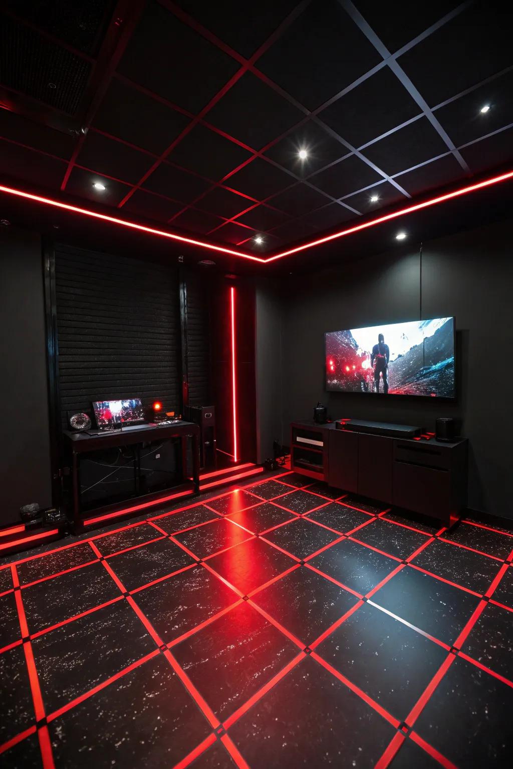 Dynamic red floor lighting adds sophistication and drama to the gaming room.