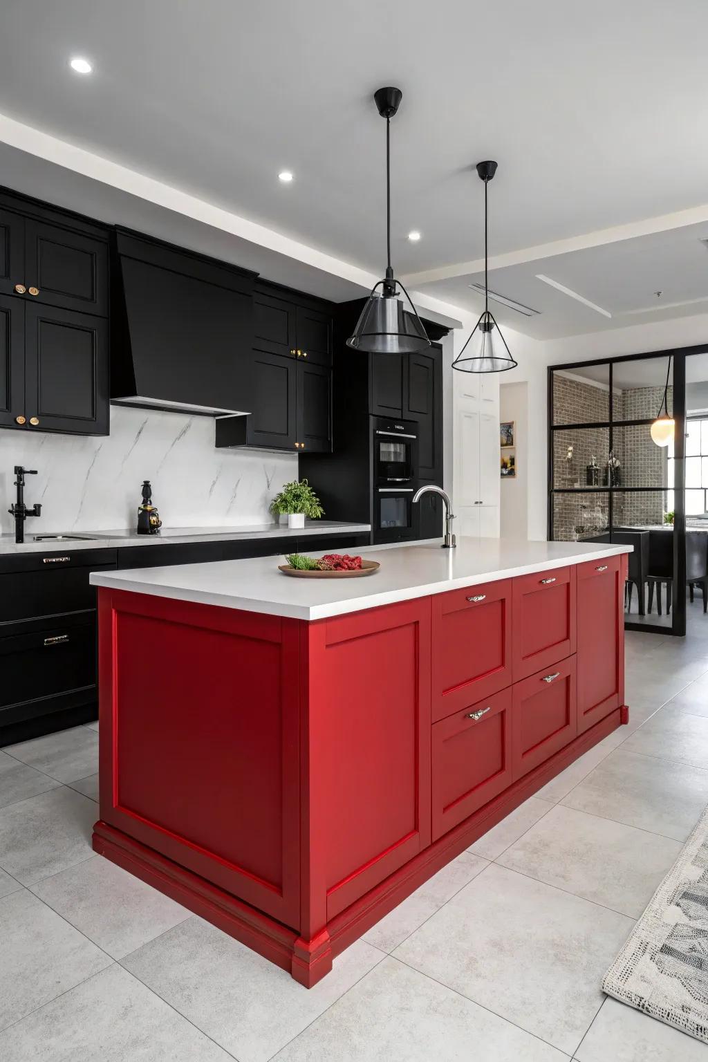 A bold red island serves as the central feature of the kitchen.