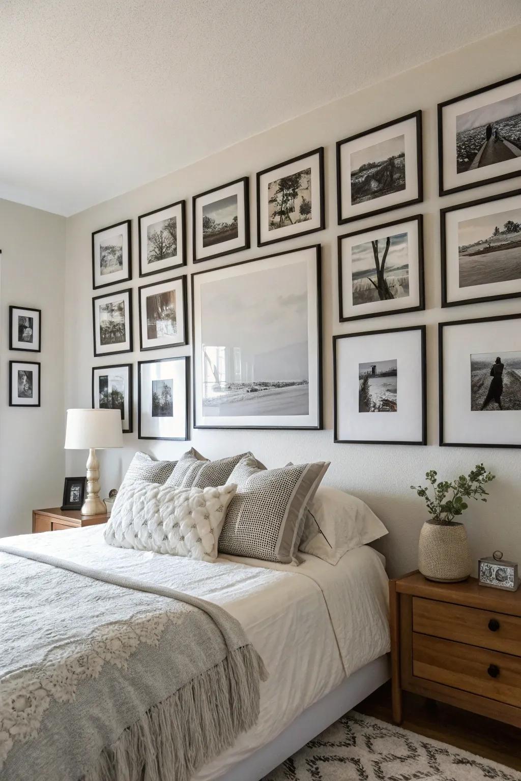 A monochrome gallery wall adds charm and personality.