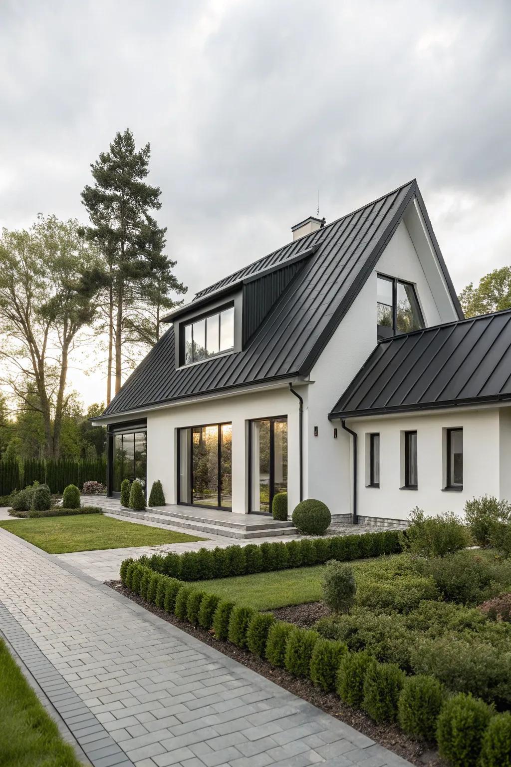 A sleek black metal roof complements the modern design.