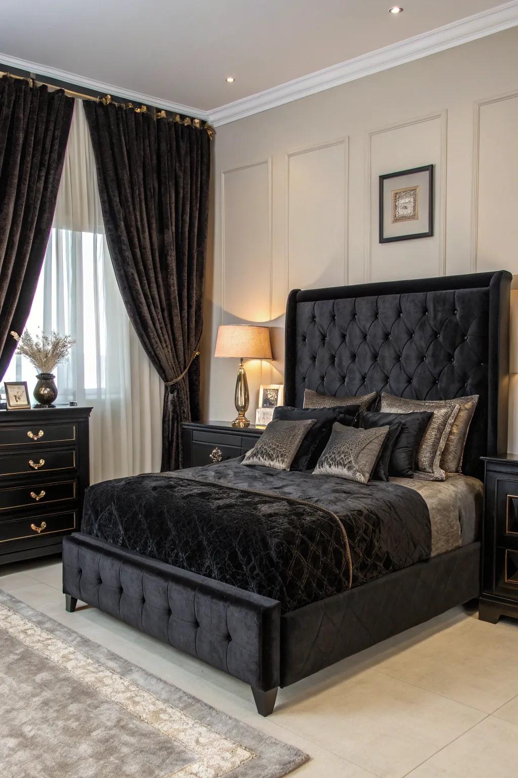 Luxurious velvet elements enhance this sophisticated bedroom.