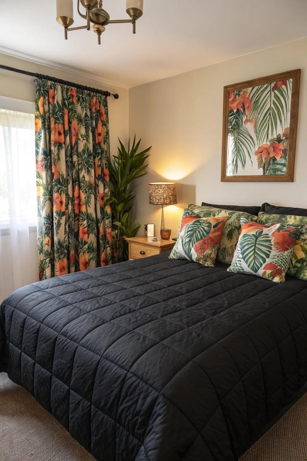 A tropical twist on a classic black comforter setup.