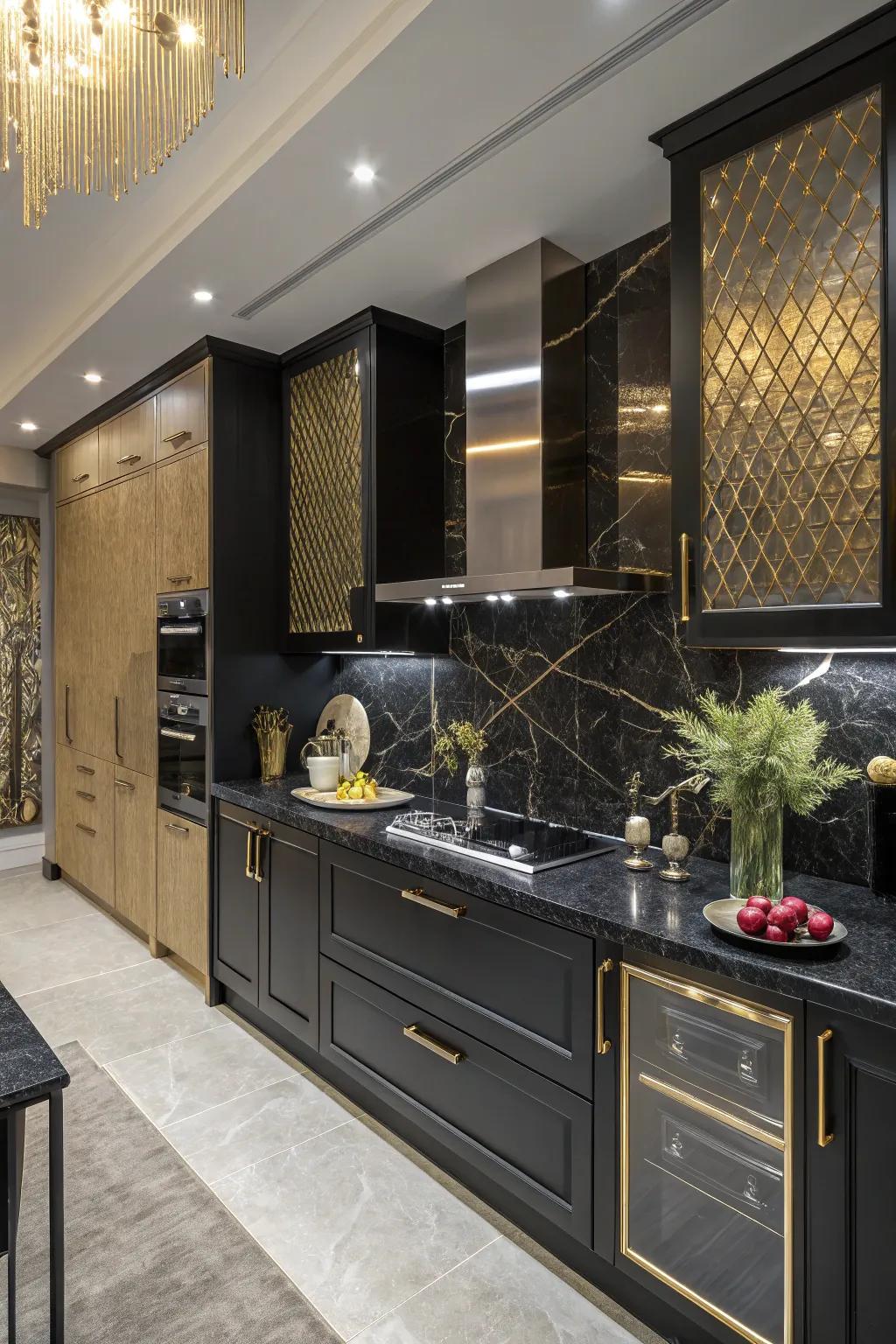 Metallic accents elevate black countertops.