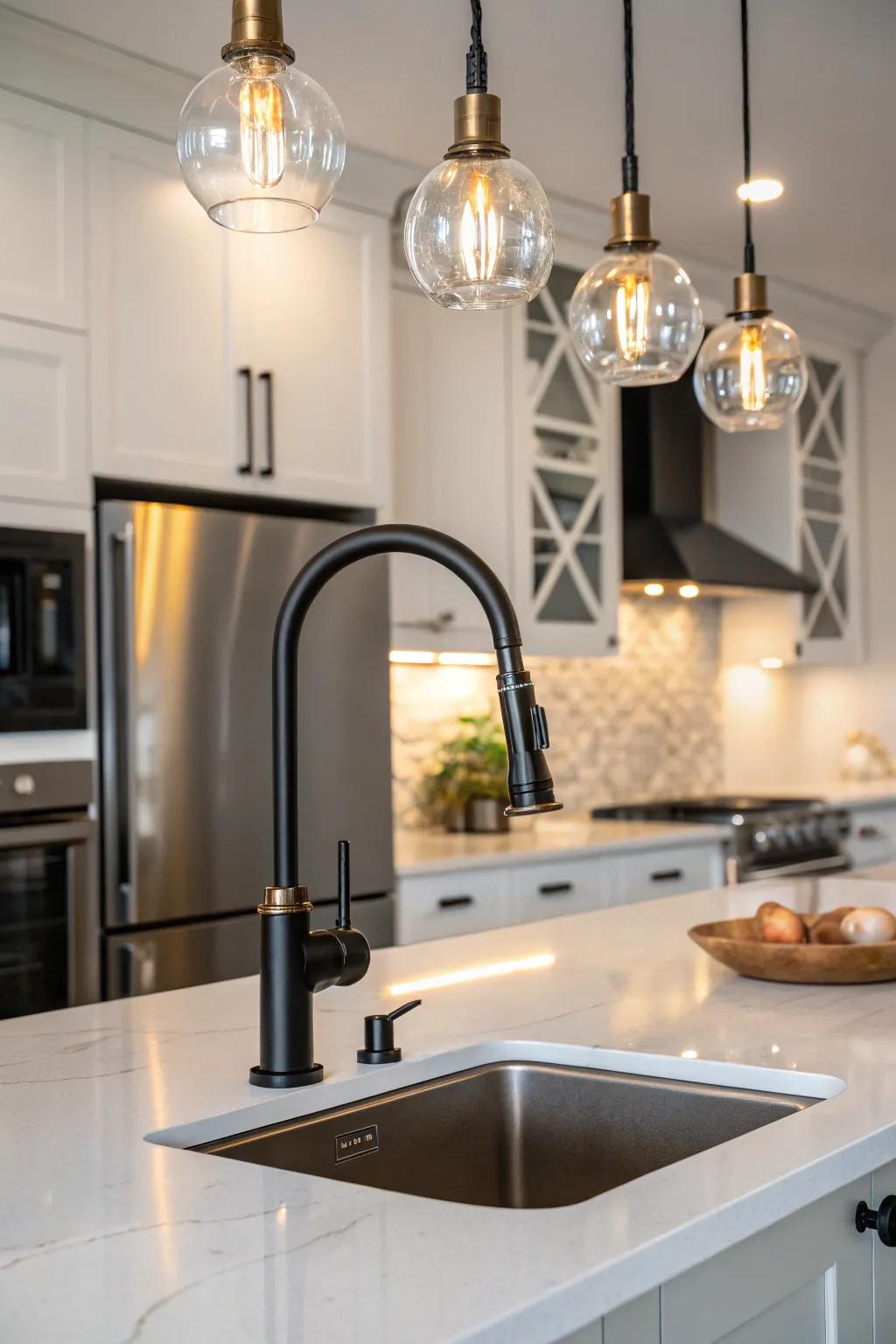 Contemporary glamour is achieved with a black faucet and metallic touches.