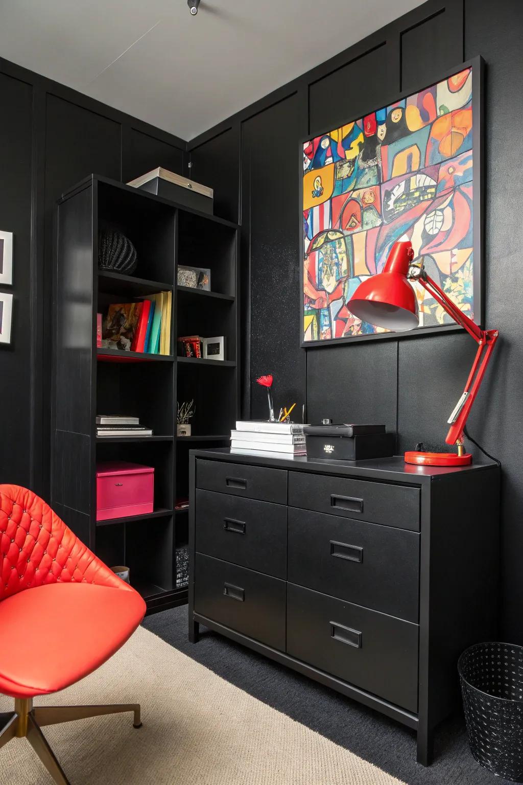 A pop of color adds energy and vibrancy to a black office.