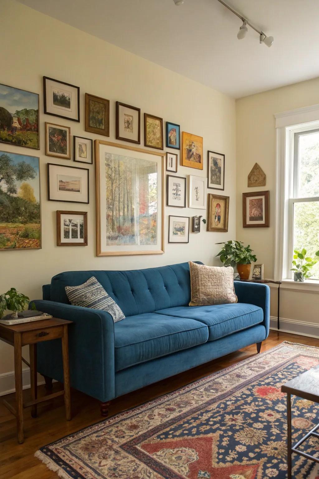 A gallery wall adds personal flair and highlights the blue couch.