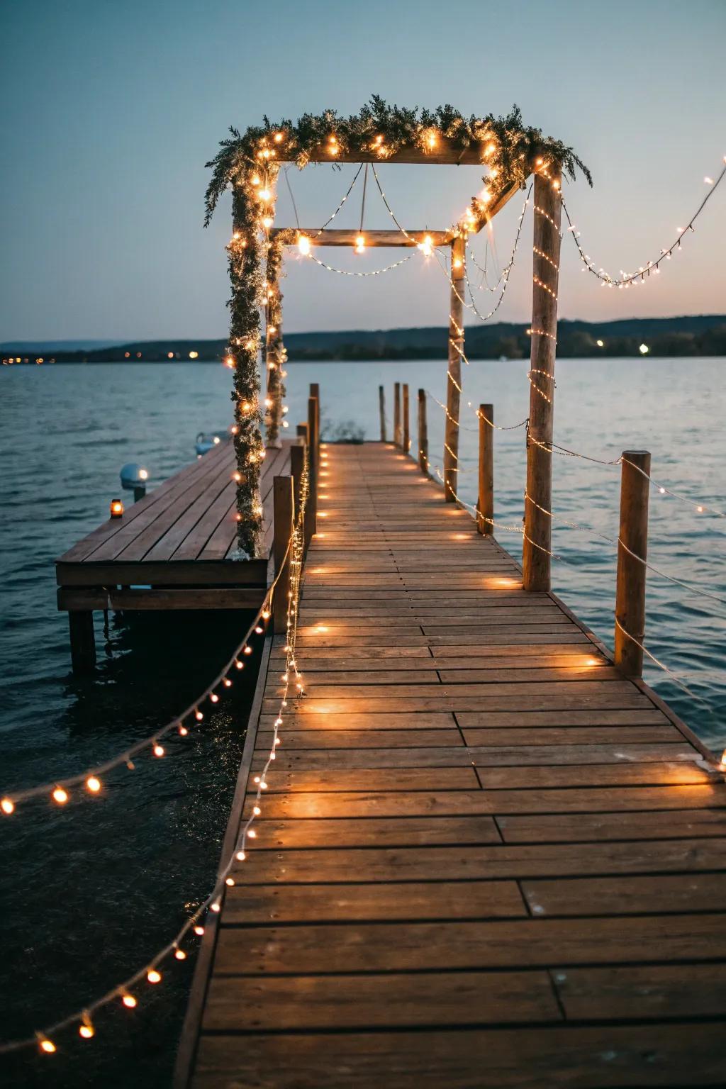 Fairy lights create a magical, enchanting dock atmosphere.