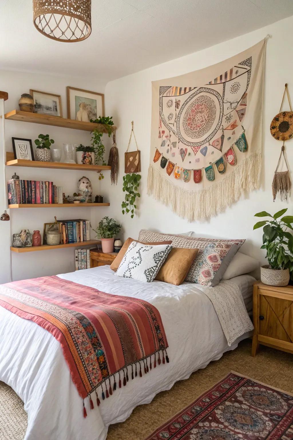 Personalized DIY creations add a unique touch to this boho bedroom.