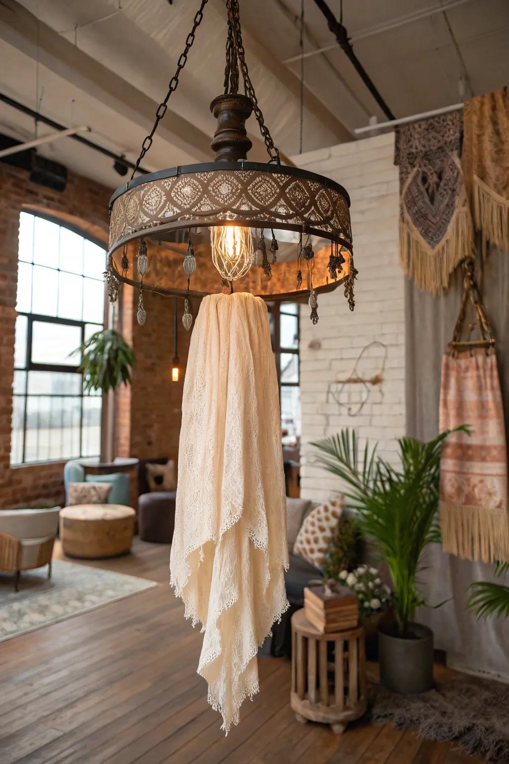 An industrial boho light fixture blending styles in a mixed decor room.