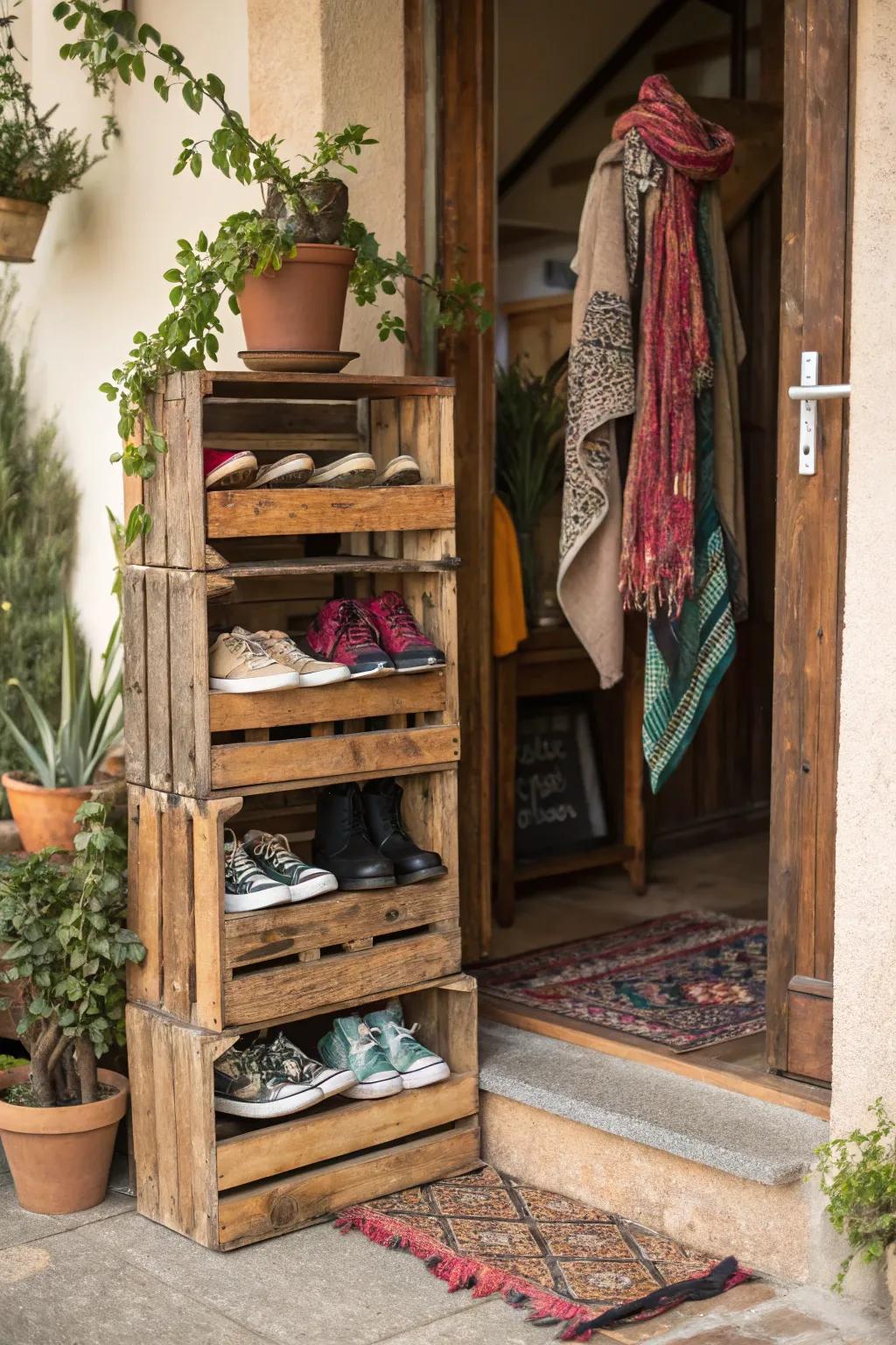 Wooden crates add rustic charm and practical storage.