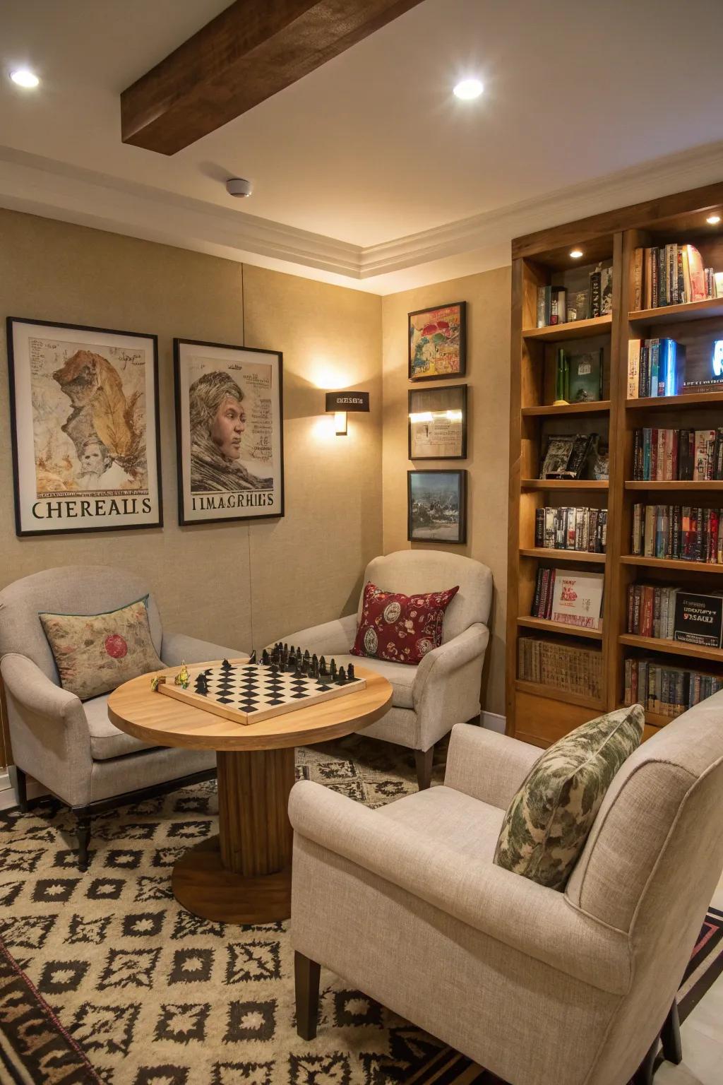 A chess nook provides a quiet space for strategic play.