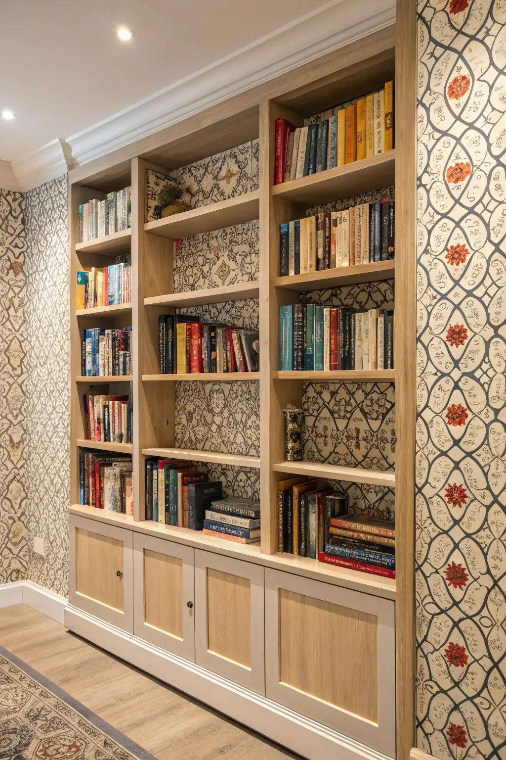 Wallpaper adds pattern to bookshelves.