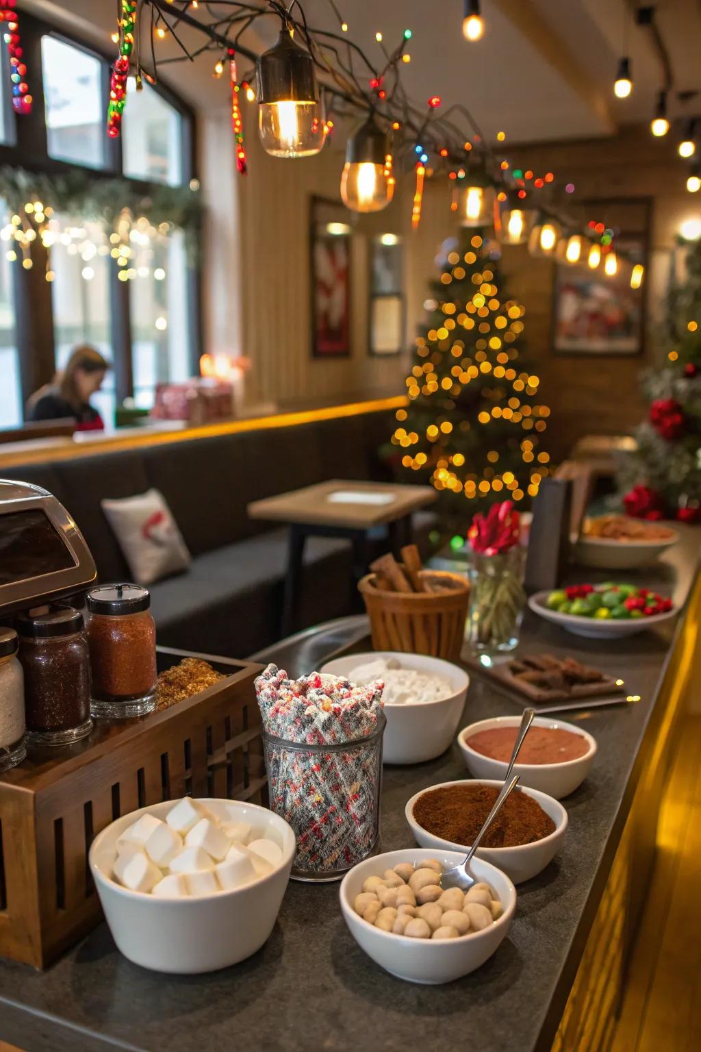 A hot chocolate station with festive toppings and decorations.