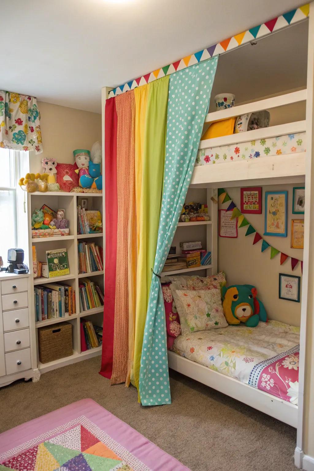 A curtain divider provides color and privacy in a shared room.