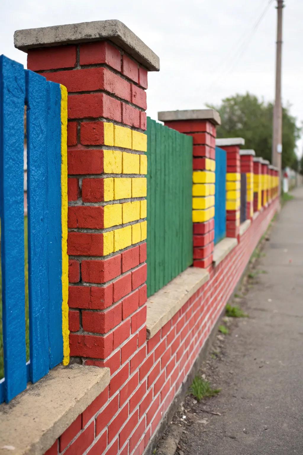 Color blocking adds a playful, bold statement to brick fences.