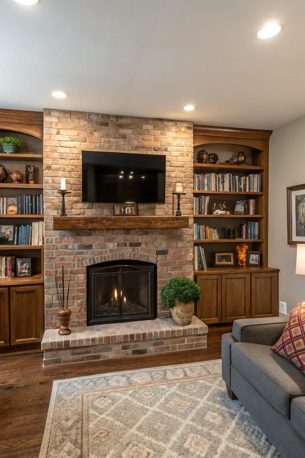 Built-in shelves around the fireplace add style and storage.