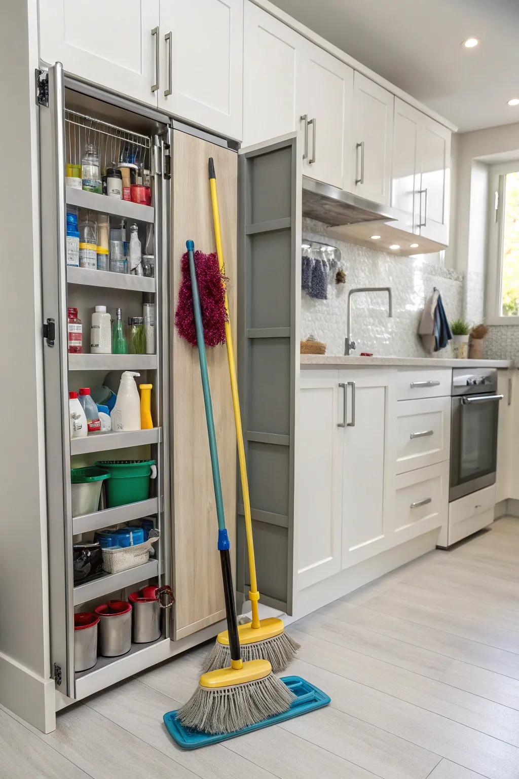 Sliding panels provide a sleek storage solution for cleaning tools.