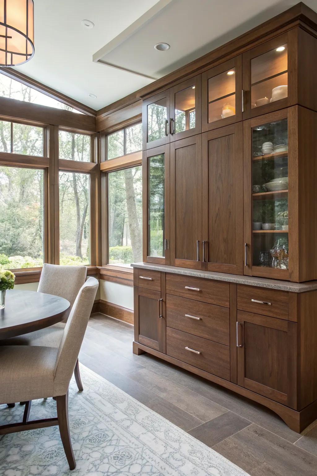 Custom-fit cabinets seamlessly integrated into a unique dining room space.