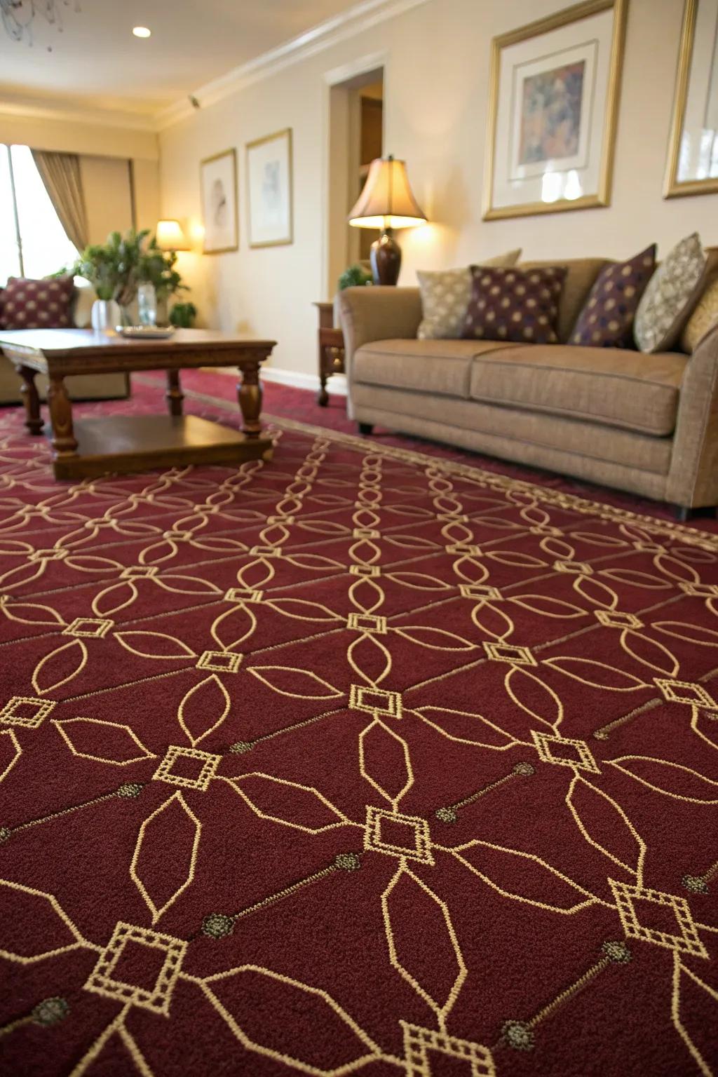 Geometric patterns on a burgundy carpet offer a modern edge.