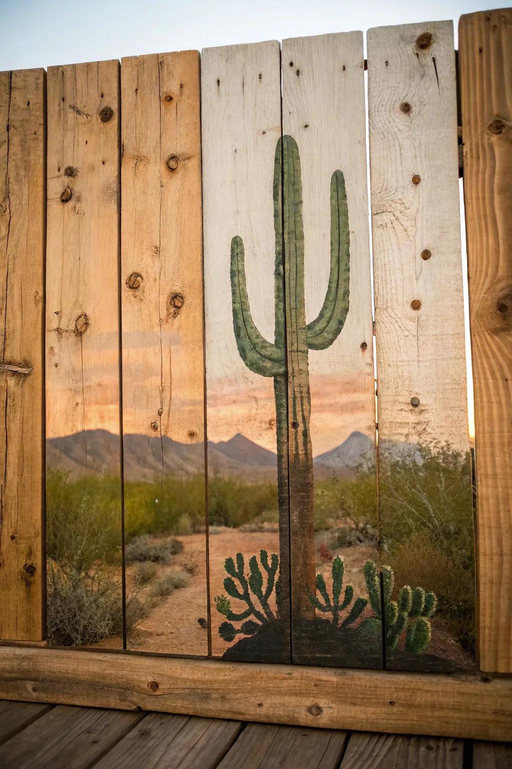 A rustic cactus silhouette on a wooden panel.