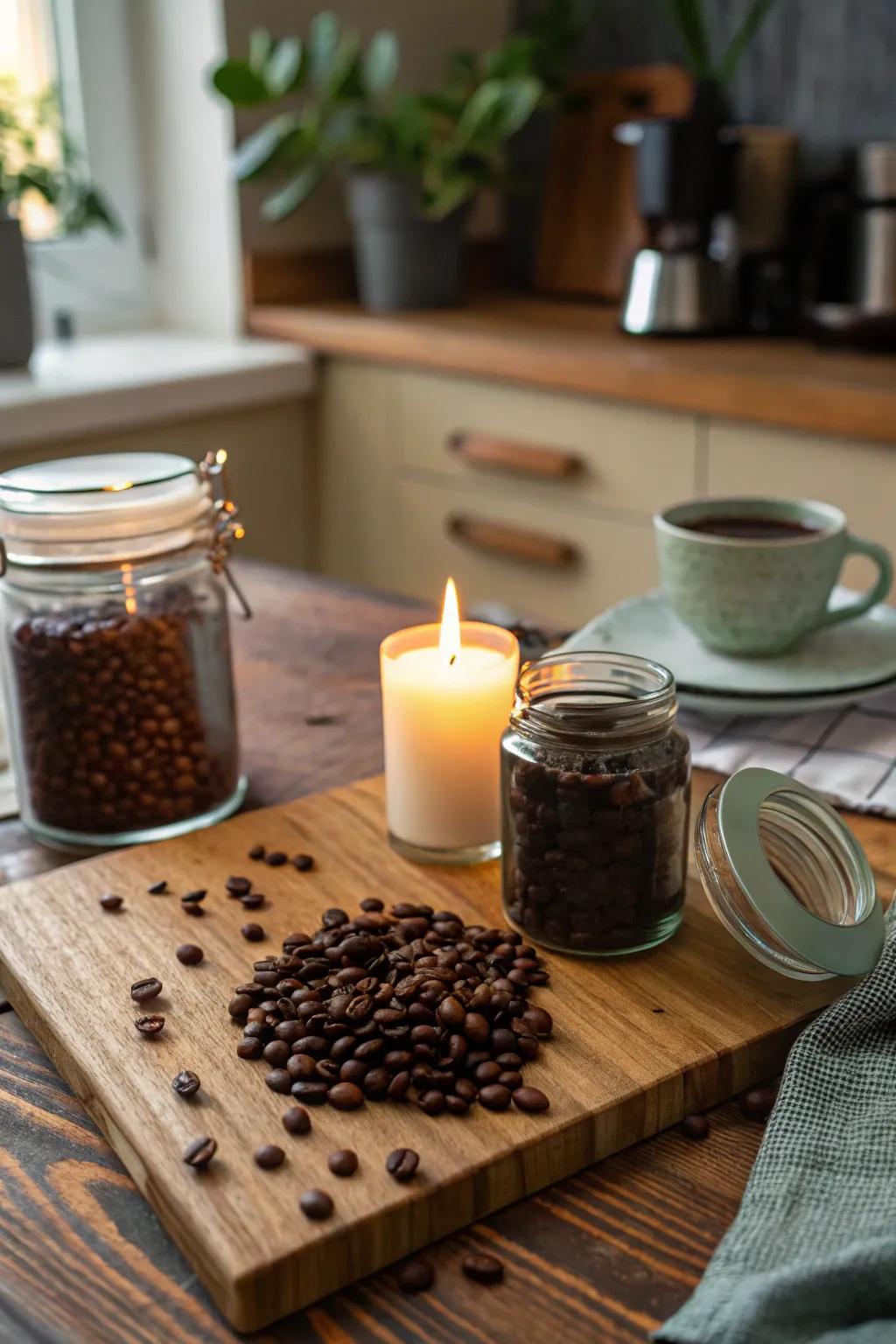 Rich aroma with coffee bean candle holders.