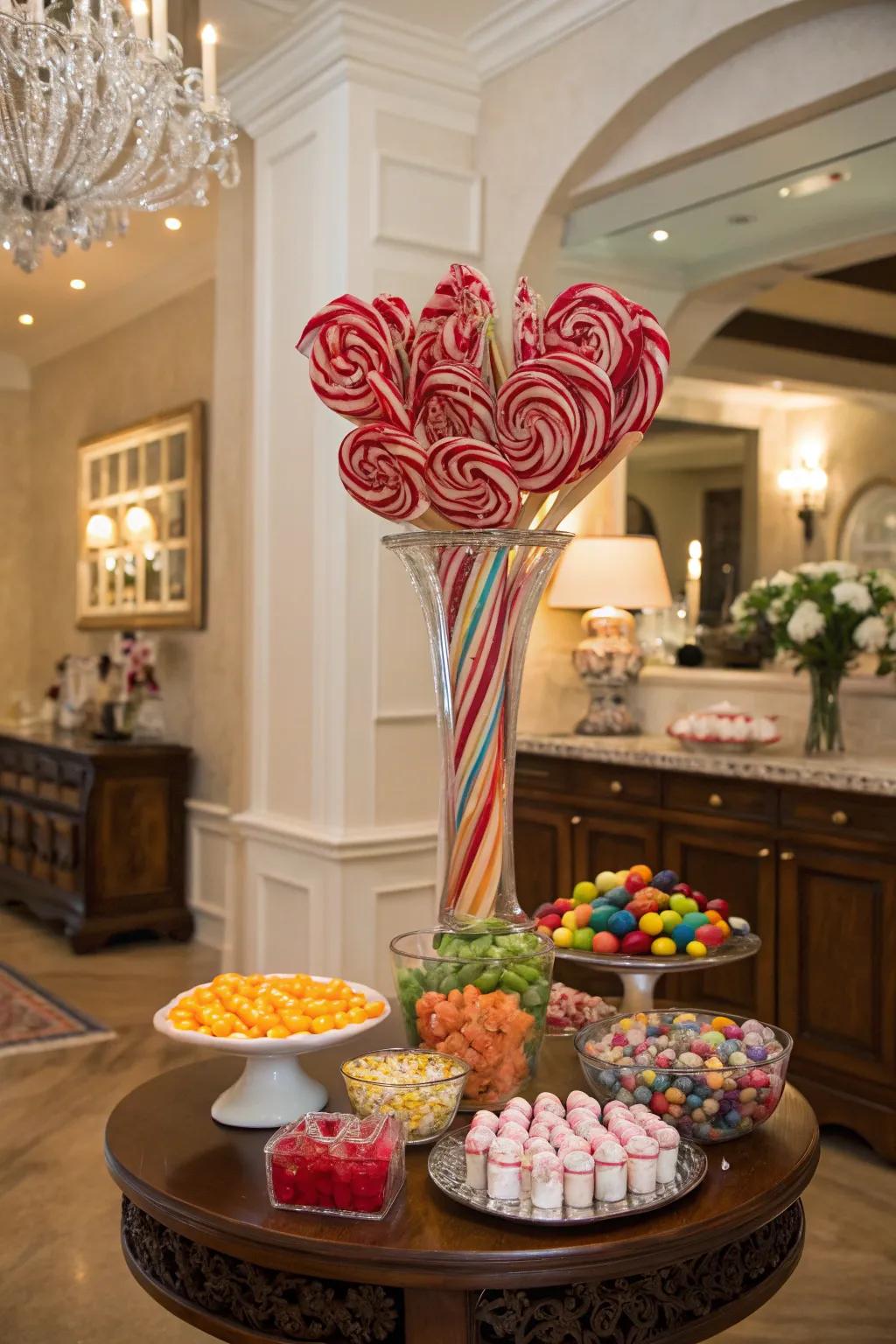 A candy bouquet centerpiece adding flair to the table