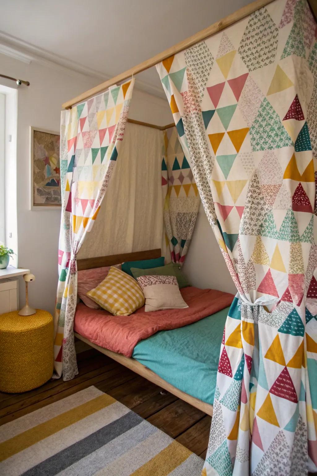 Geometric patterns add depth to a canopy bed design.