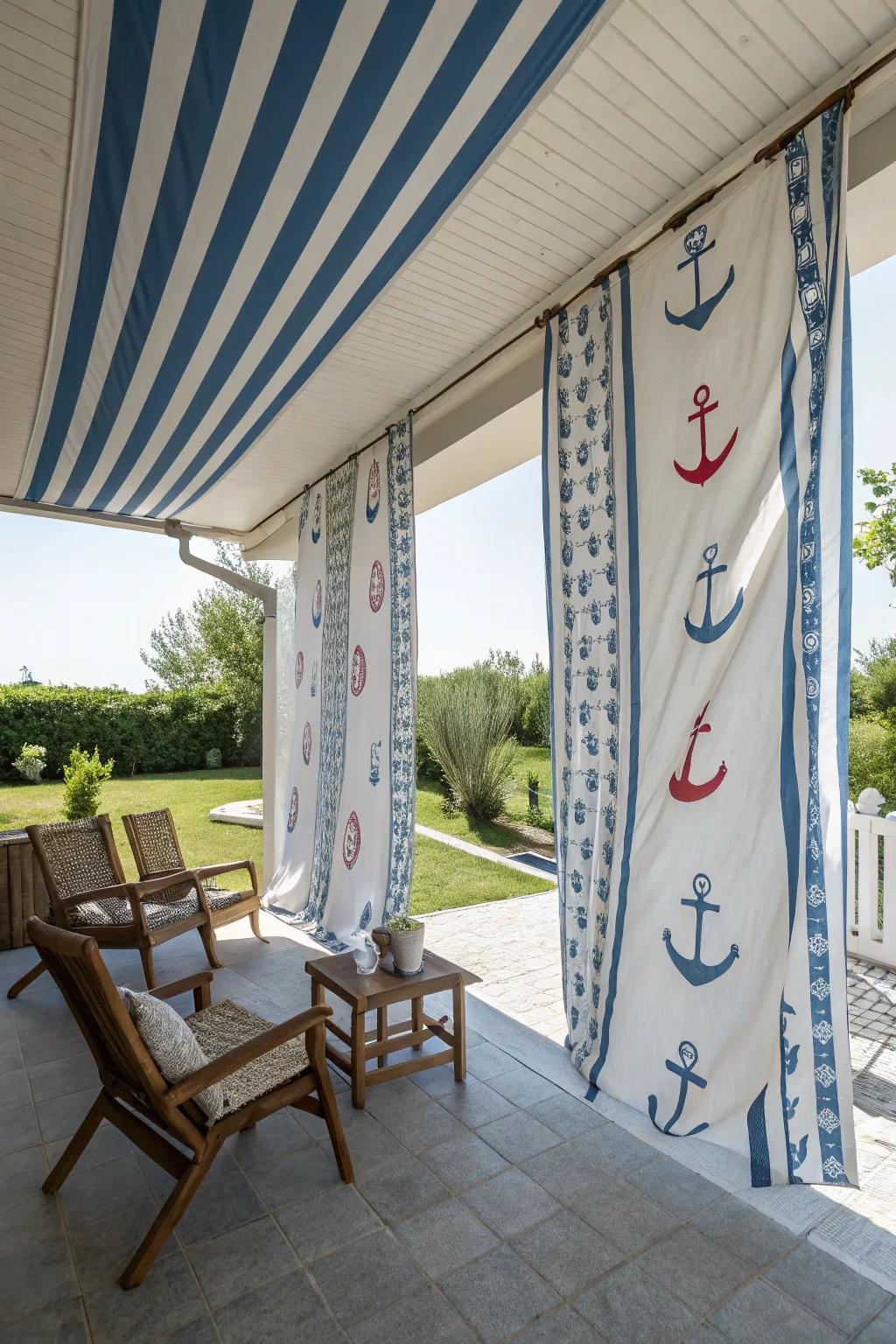 Nautical-themed canvas covers evoke a seaside escape.