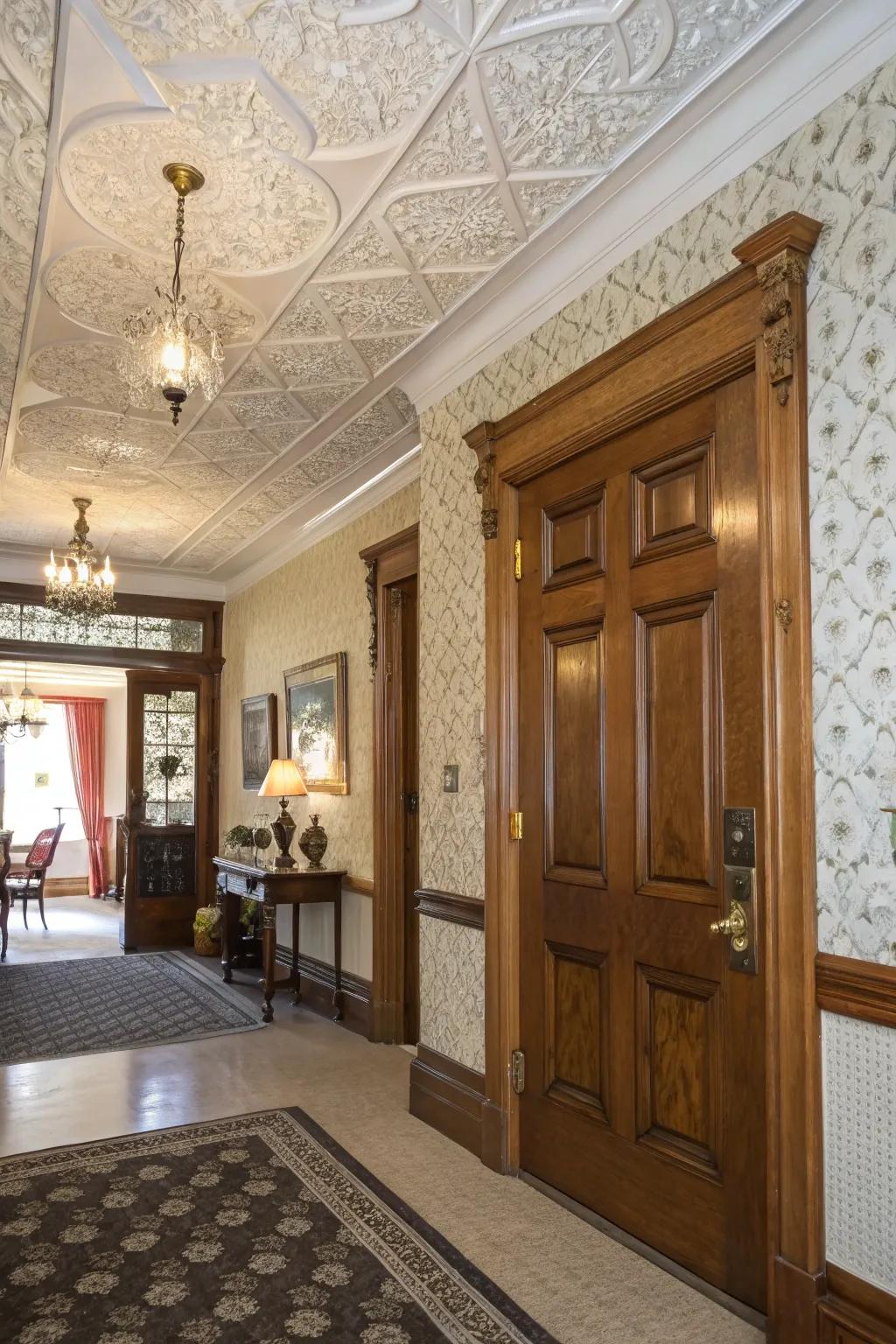 An entryway with pressed pattern ceiling tiles for classic charm.