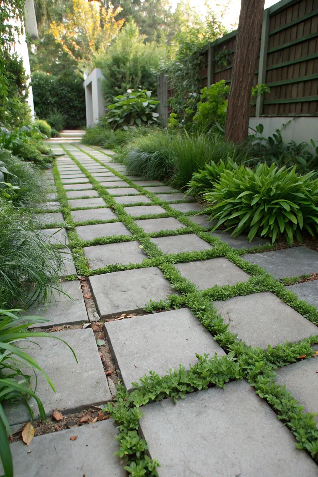 Lively cement pathway with ground cover plants for a natural feel.