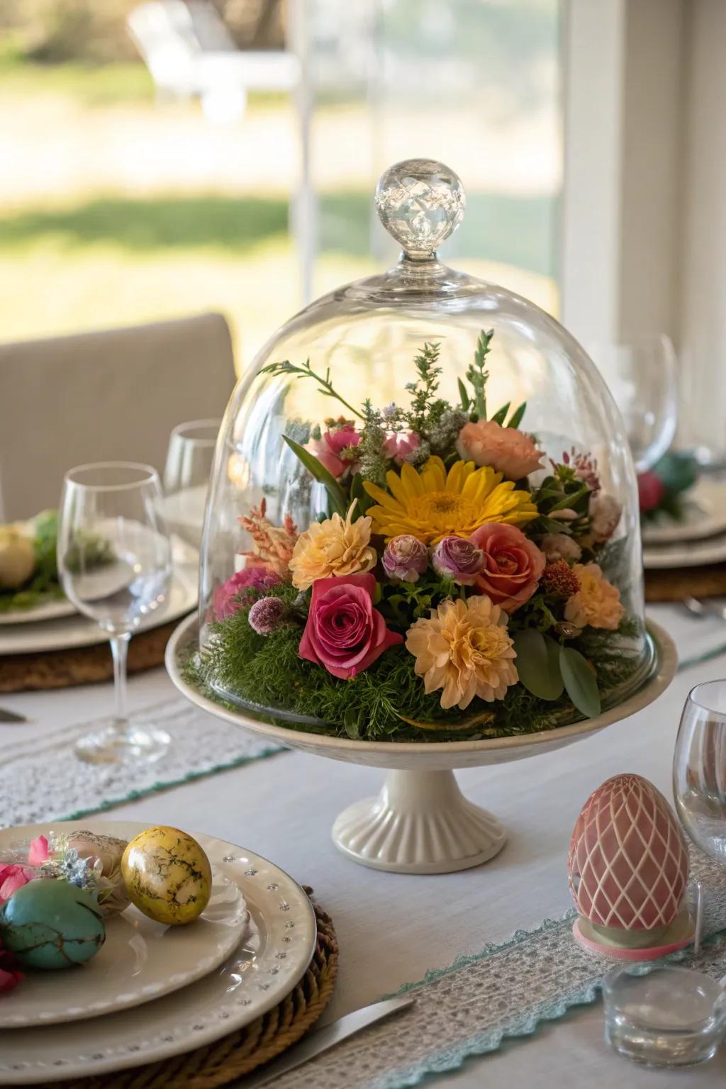 Dramatic elegance with a glass dome centerpiece base.