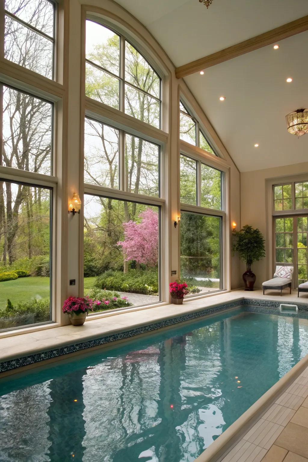 A view of nature enhances the indoor pool experience.