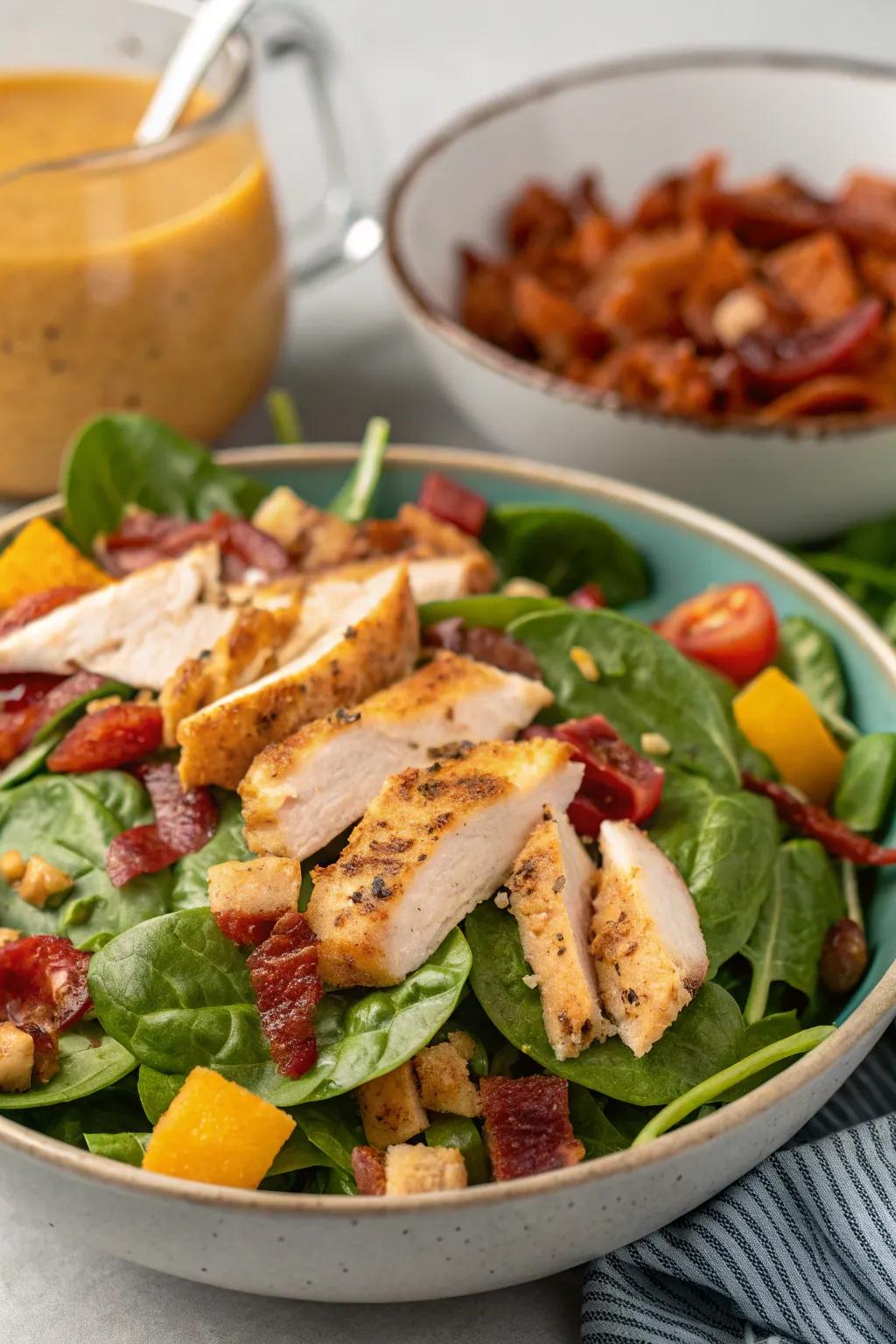 Chicken spinach salad with warm bacon dressing, a delightful mix of flavors.