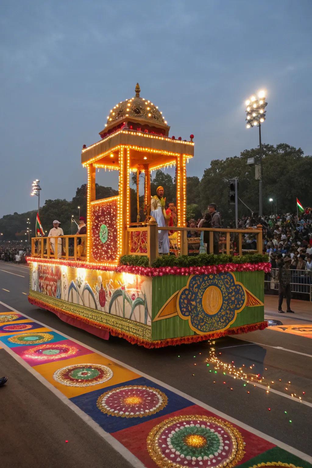 Indian Festival of Lights float with vibrant rangoli designs.