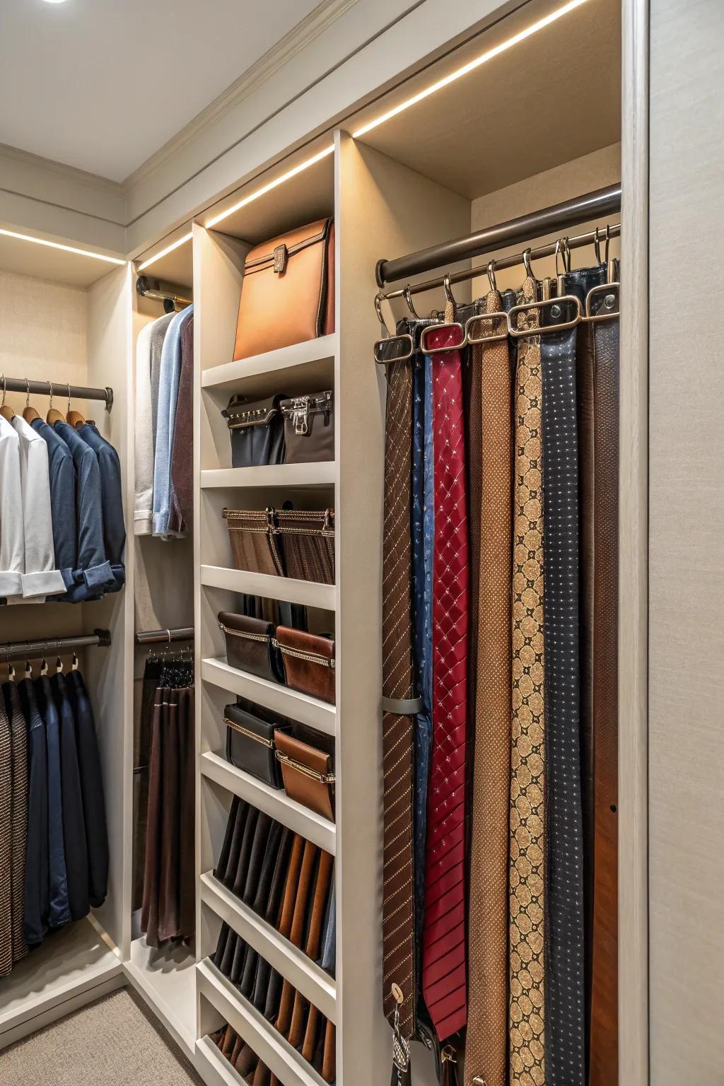 Pull-out racks provide organized, accessible storage for accessories.