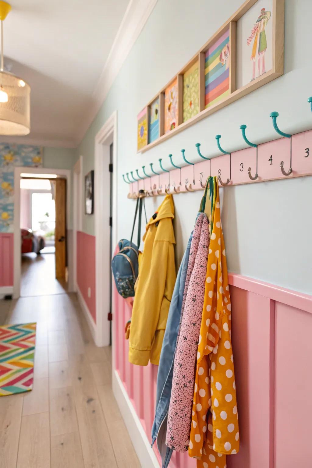 A colorful peg rail coat rack, adding a playful and vibrant touch to the hallway.