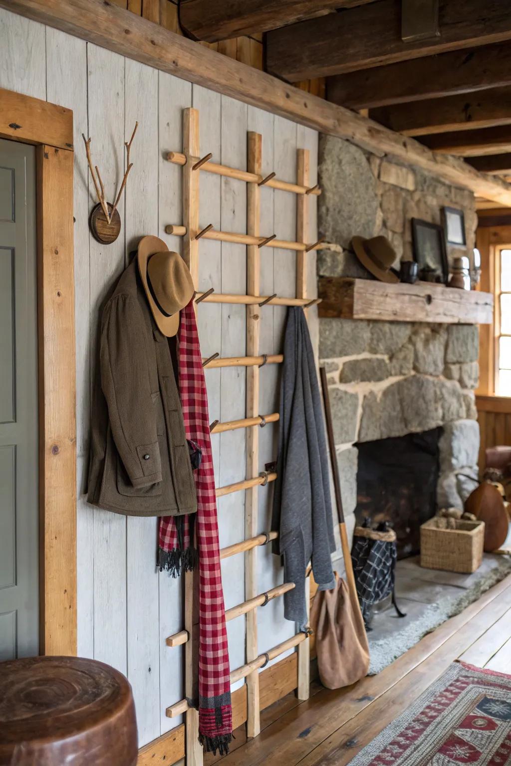 A DIY dowel coat rack bringing rustic charm to coat storage.