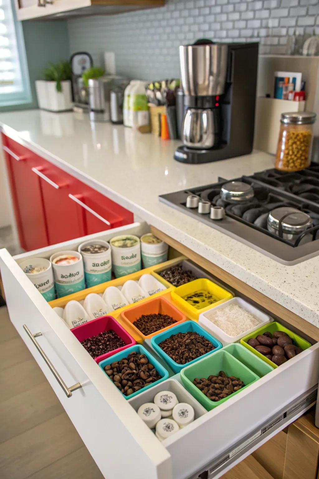 Color-coded bins make organization visually appealing and practical.