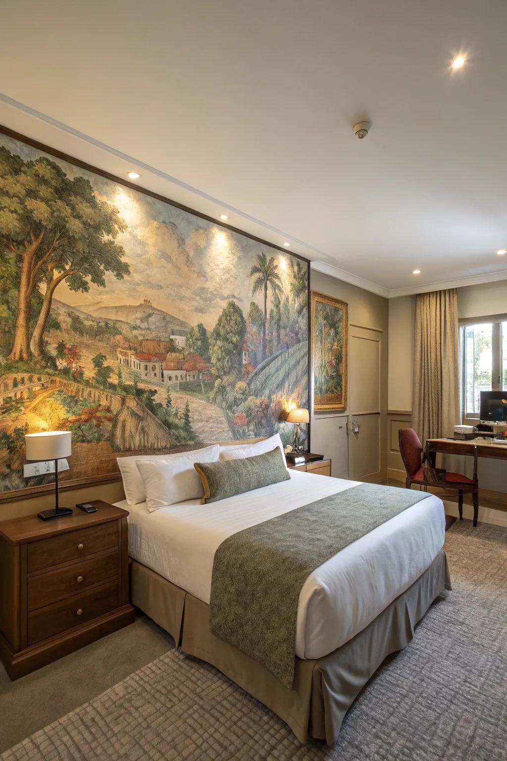 An artful mural transforms this bedroom into a creative haven.