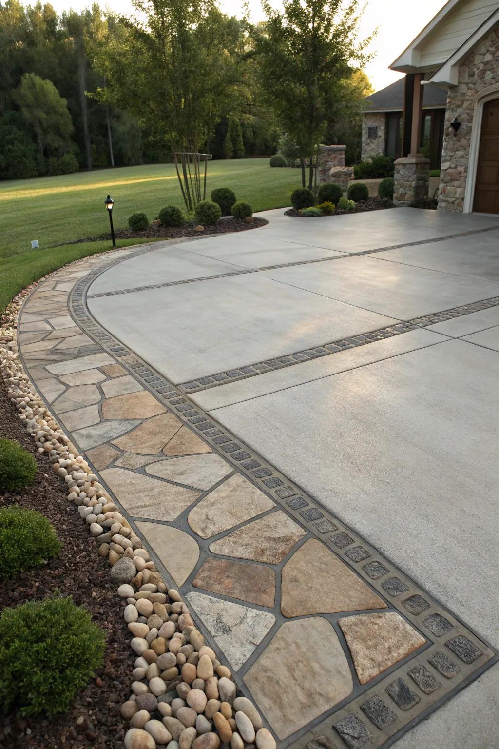 A driveway that creatively combines concrete and stone for texture.