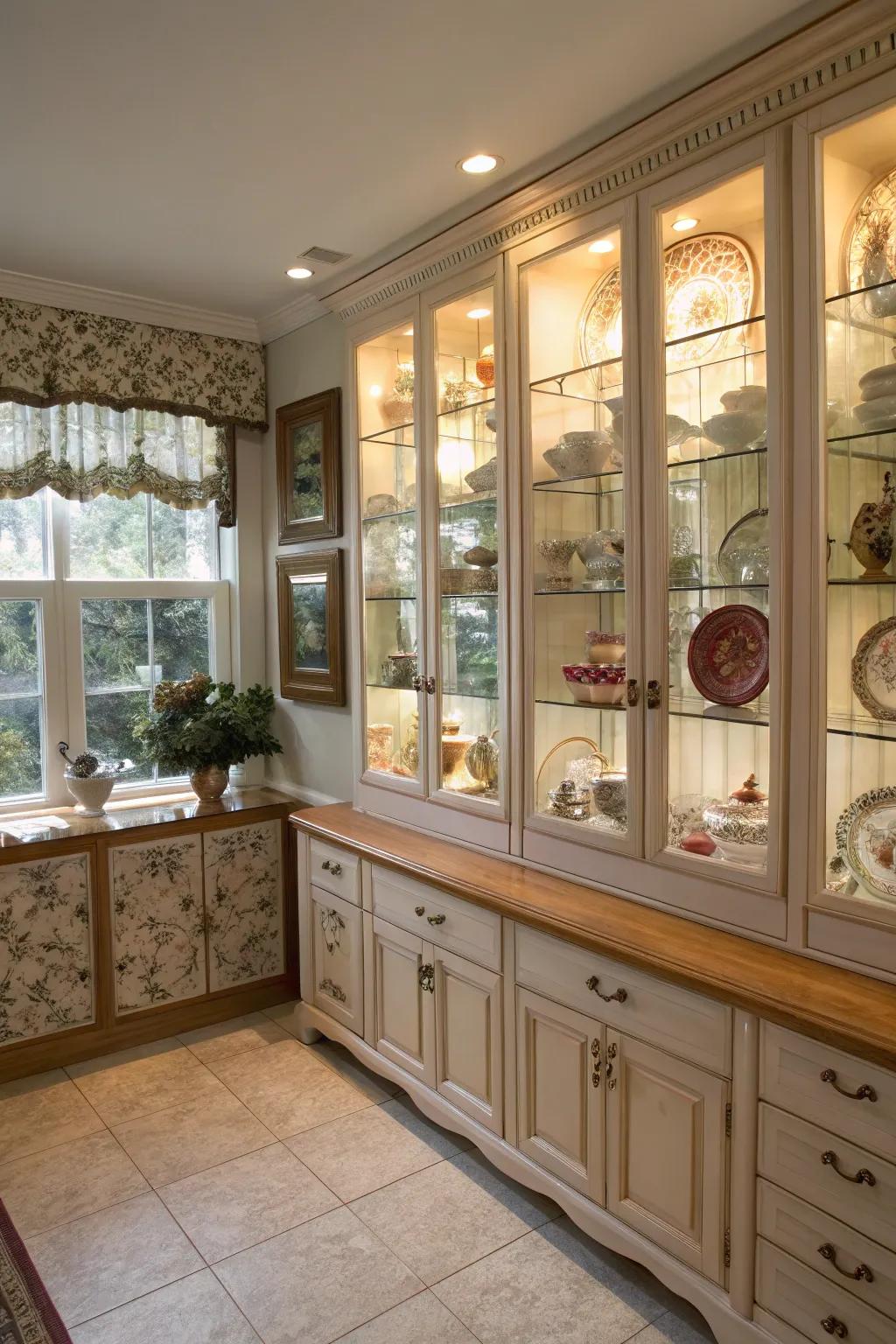 Glass display cabinets transform storage into a decorative feature.