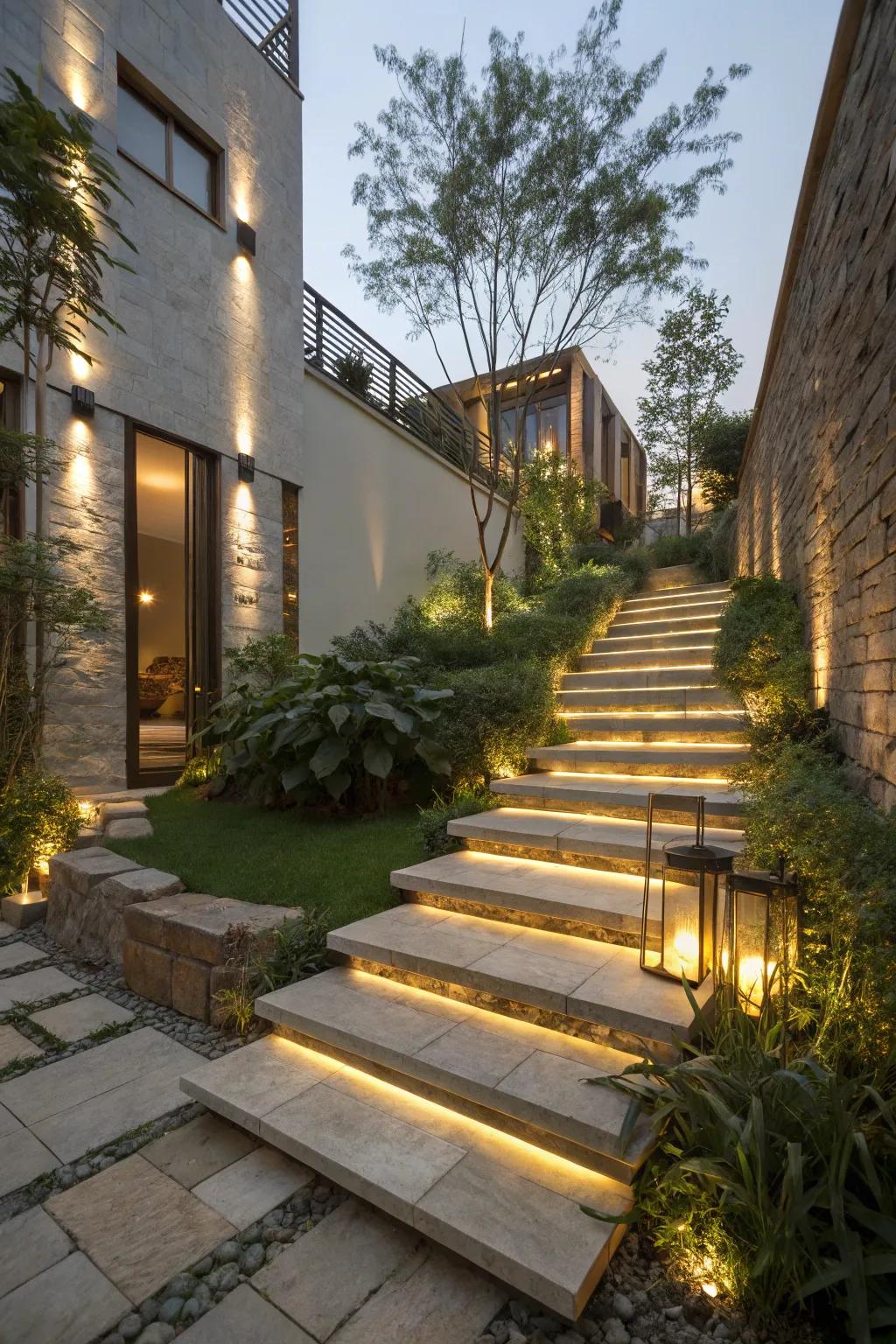 Step lighting adds safety and ambiance to courtyard stairs.