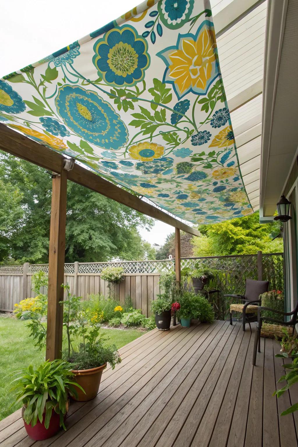 A patterned fabric canopy offers vibrant shade and personal style to your deck.