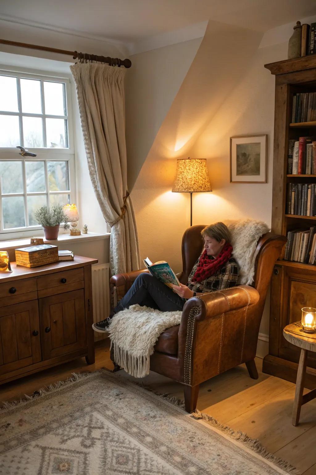 A cozy bedroom corner featuring a vintage leather armchair.