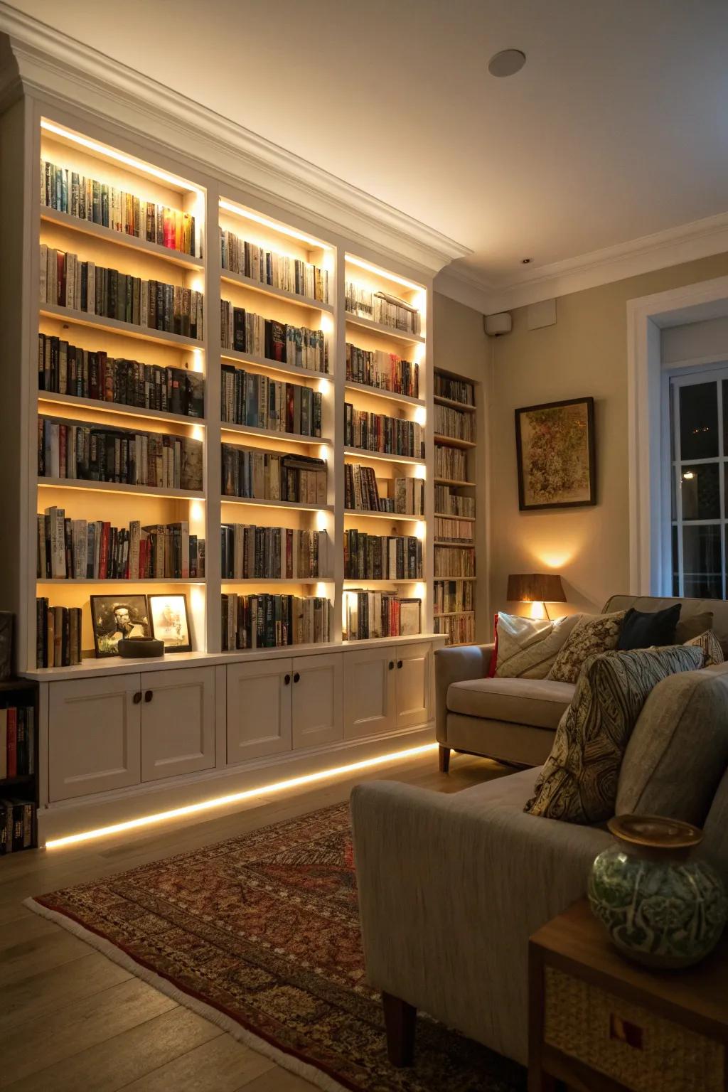 Backlit bookshelves add a cozy glow to your living space.