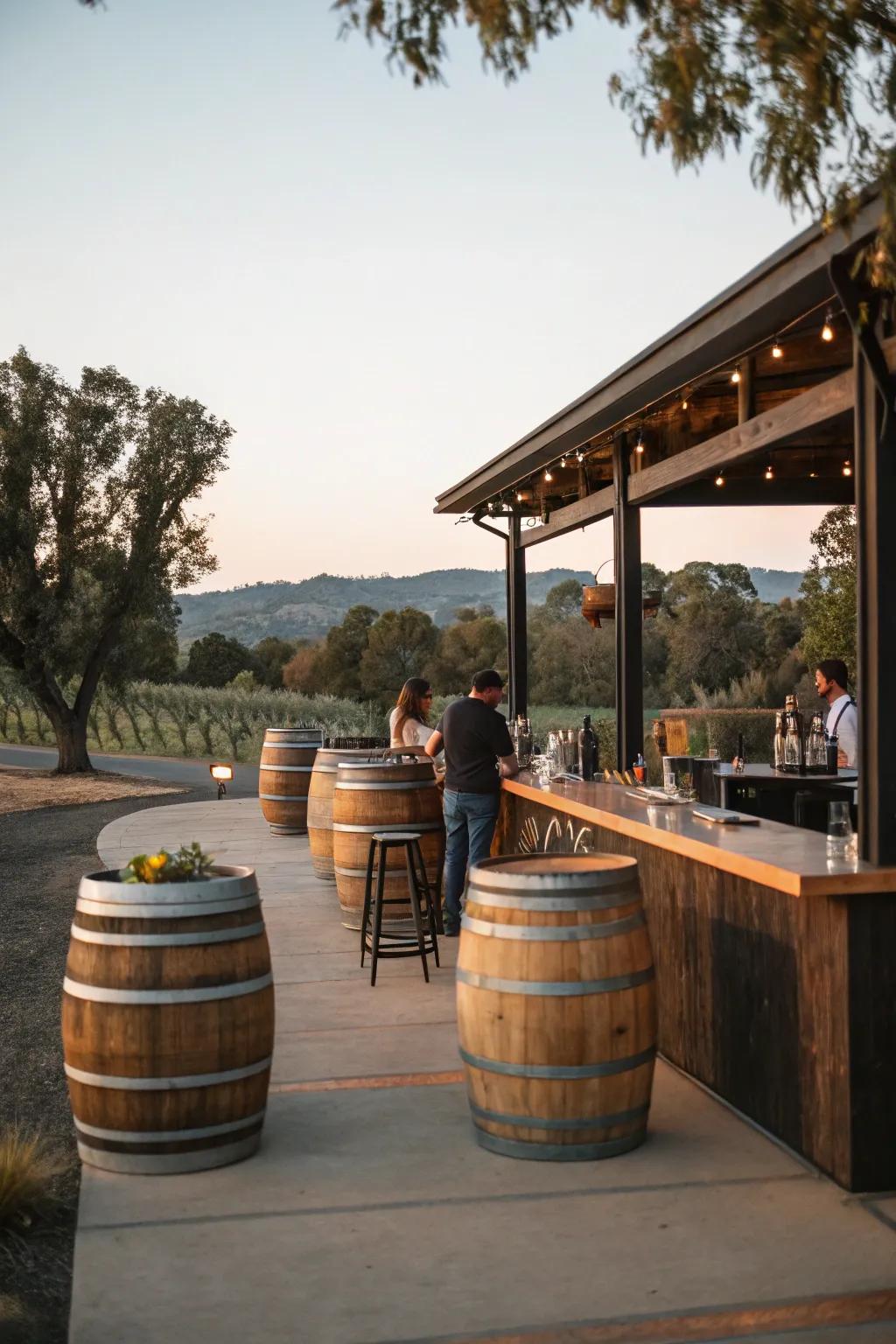 Wine barrels add a unique charm to this outdoor bar.