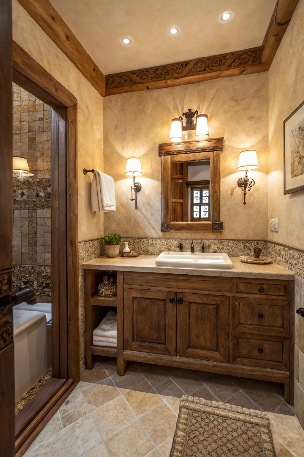 Rustic elements and crema marfil add warmth and character.