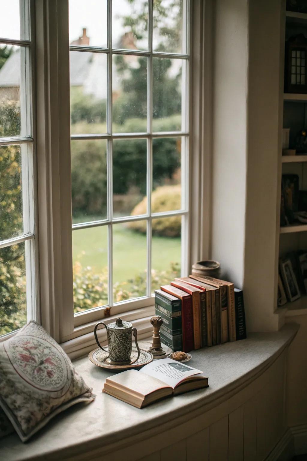 A clever use of a small shelf in a curved bay window.